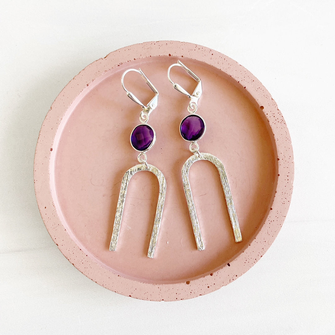 Purple Stone and Horseshoe Dangle Earrings in Brushed Silver
