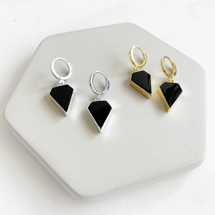 Dainty Black Onyx Diamond Stone Drop Earrings in Gold