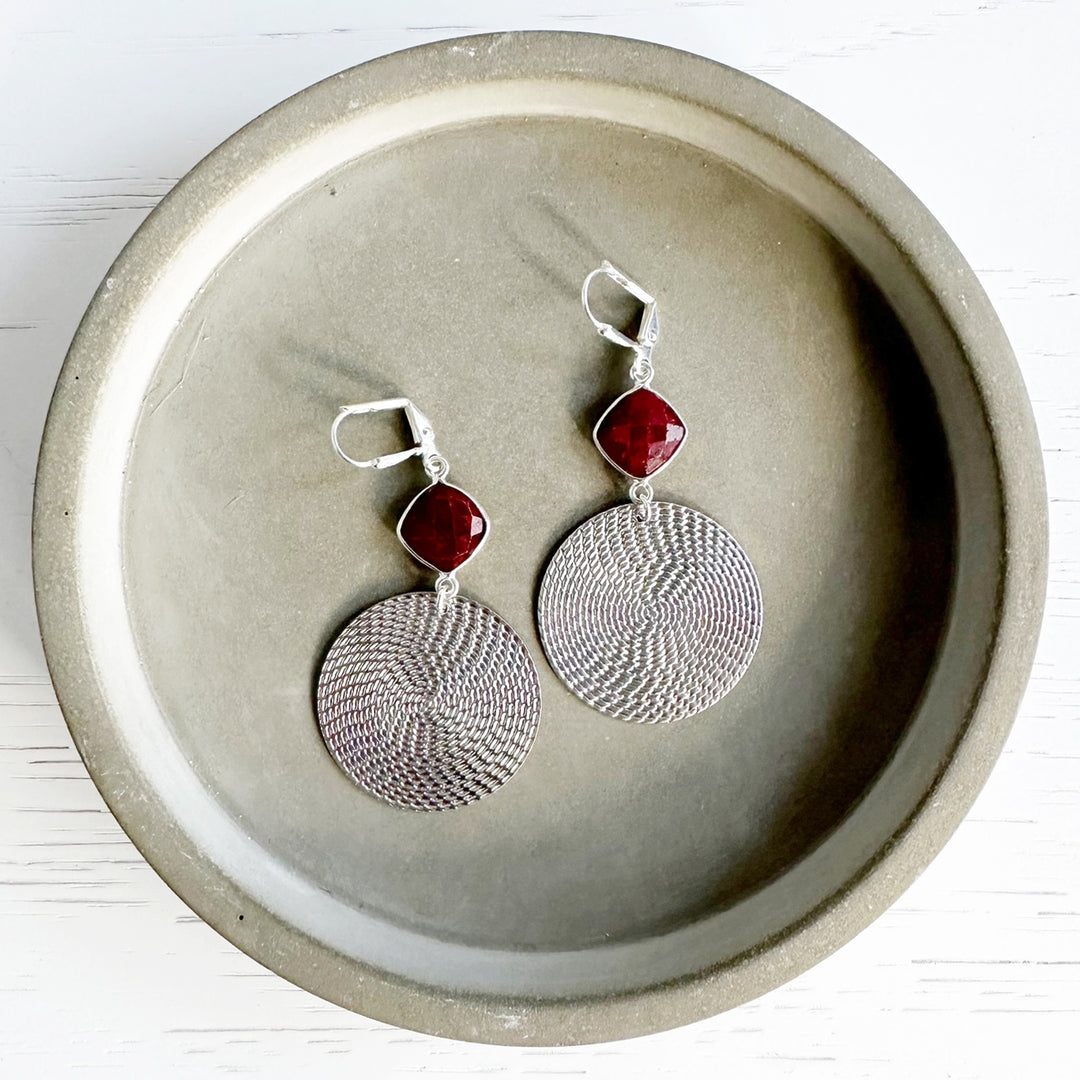 Ruby and Patterned Circle Pendant Earrings in Brushed Silver