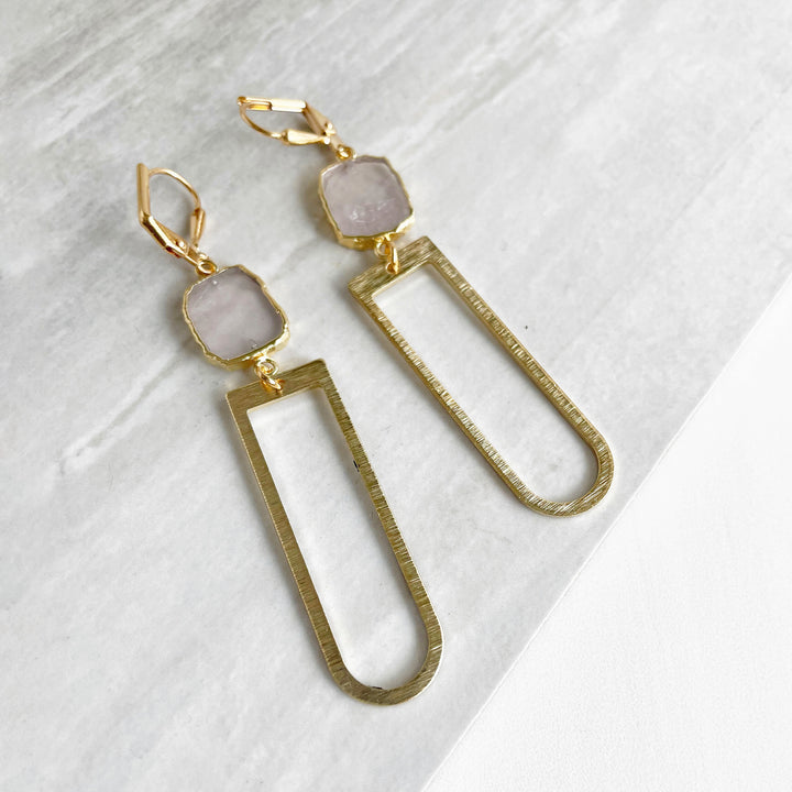 Rose Quartz Drop Dangle Earrings in Gold Brass