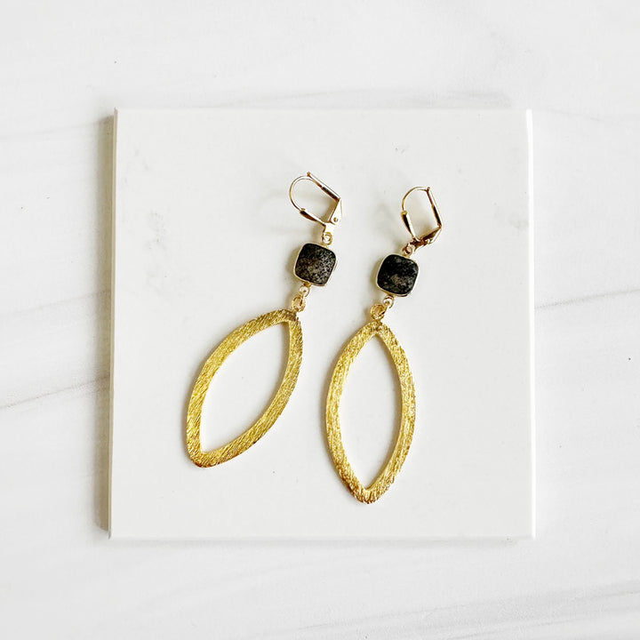 Marquise and Black Sunstone Statement Earrings in Brushed Brass Gold