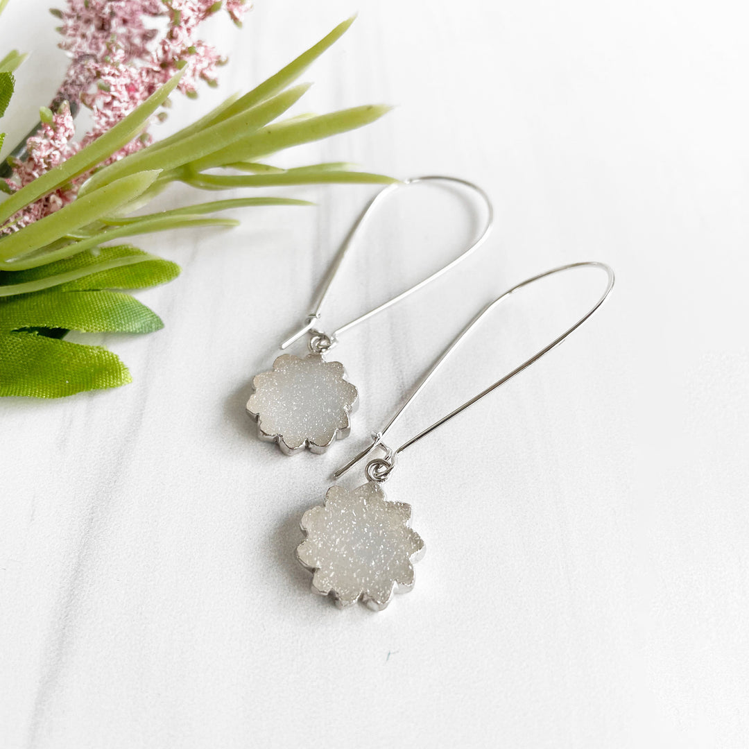 Grey White Druzy Drop Earrings in Silver and Gold