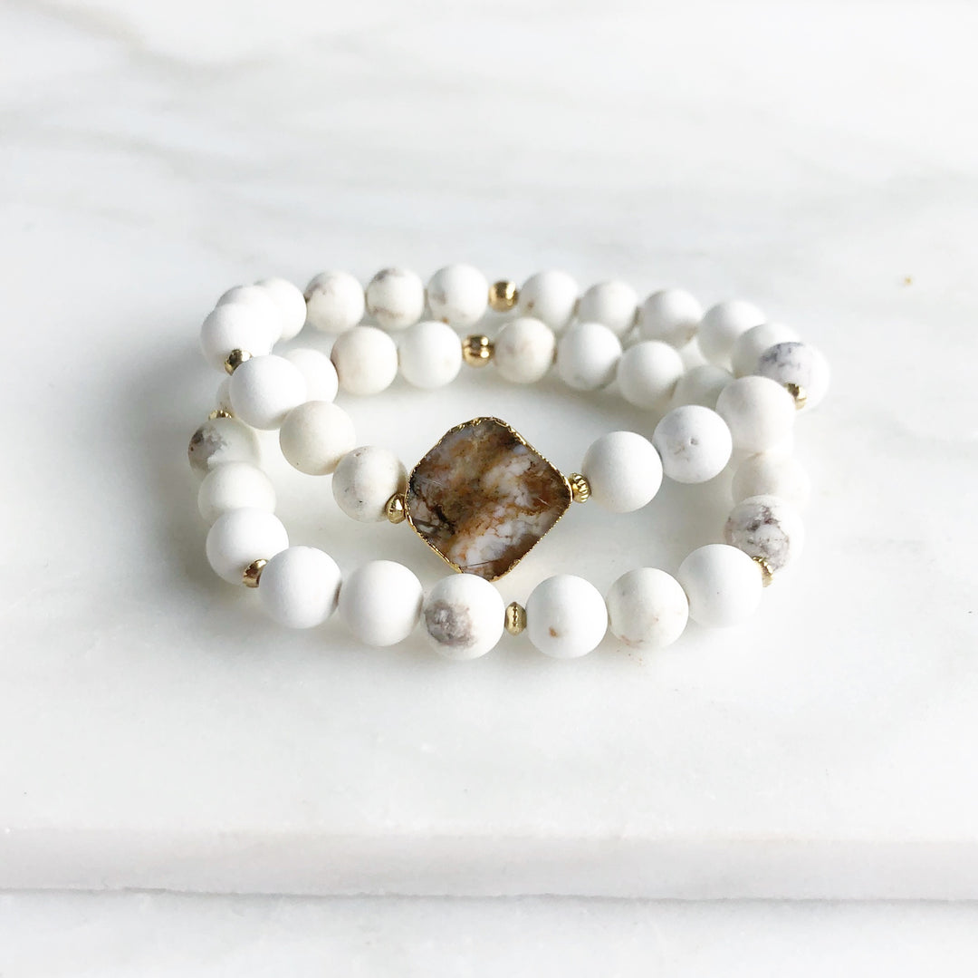Set of 2 Stretchy Beaded Bracelets with Brown Druzy Stone and White Howlite Beading Jewelry
