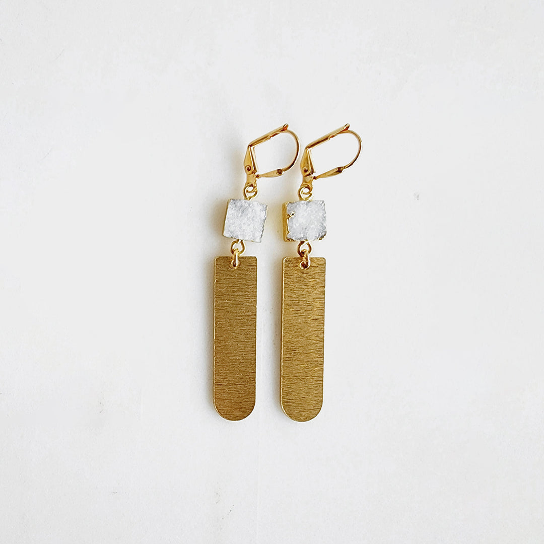 Square White Druzy Horseshoe Statement Earrings in Brushed Brass Gold