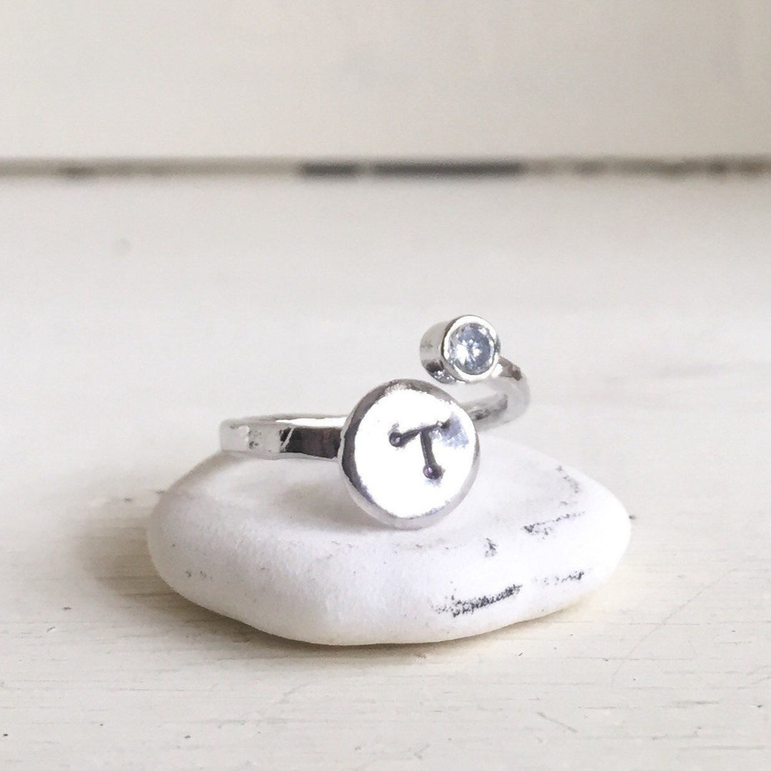 Personalized Inital Pinky Ring in Silver with CZ stone. Gift. Personalized Ring. Adjustable Ring. Inital Ring. Personalized Gift