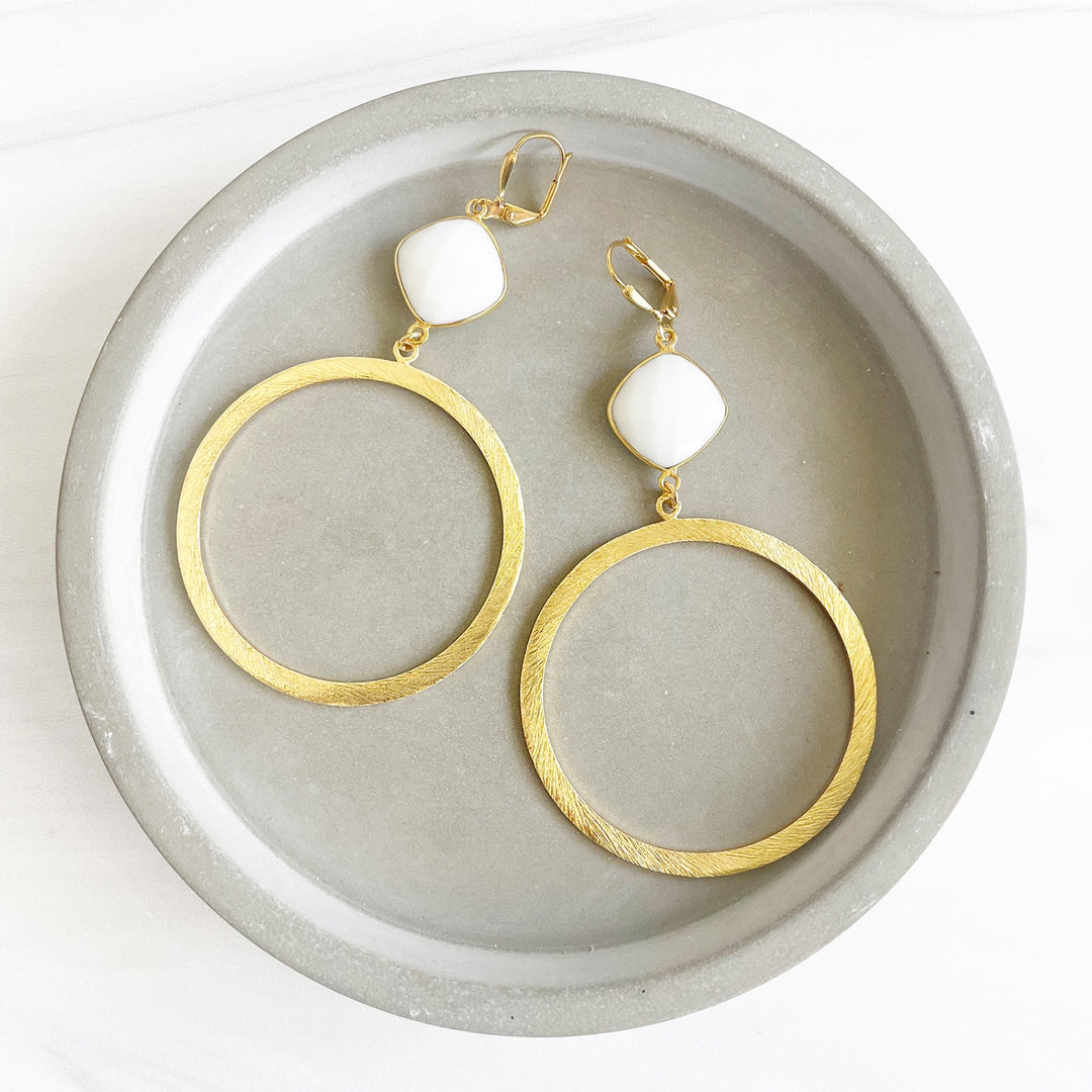 Large Hoop Earrings with White Agate Stones in Gold
