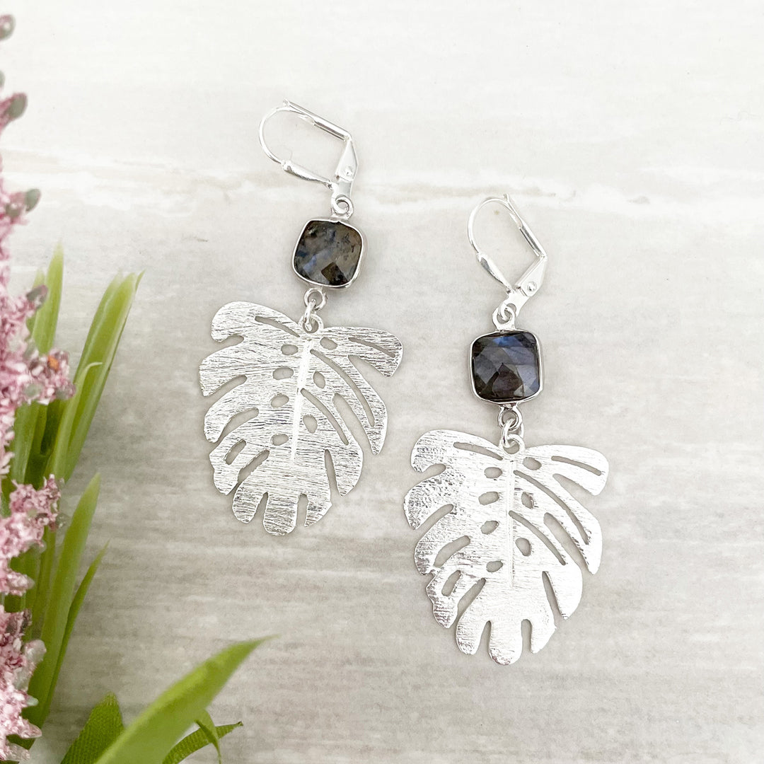 Labradorite Monstera Earrings in Silver. Plant Leaf Earrings