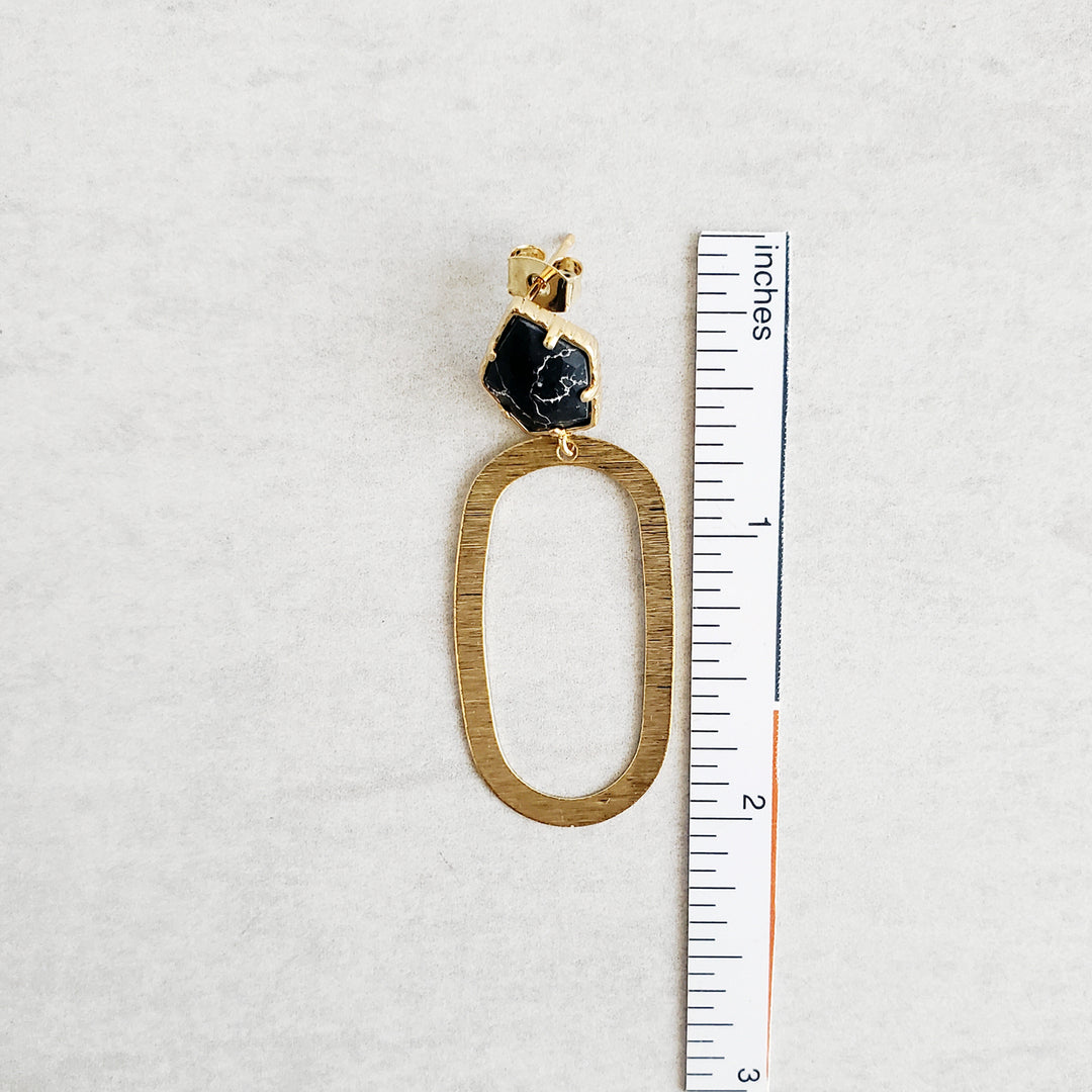 Black Howlite Pentagon Post Earring with Brushed Gold Open Oval Hoops