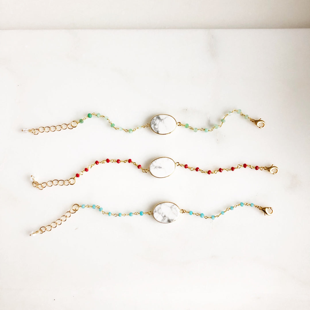 White and Grey Howlite and Colorful Beaded Bracelets. Red, Green, and Blue.
