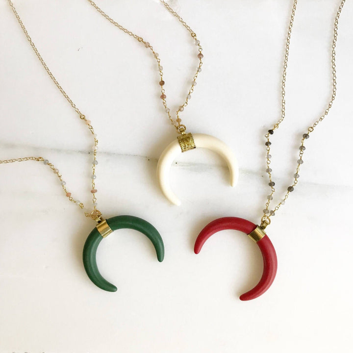 Long Boho Crescent Necklaces with Beaded Stones