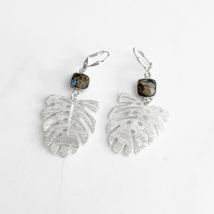Labradorite Monstera Earrings in Silver. Plant Leaf Earrings