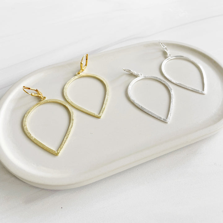 Inverted Teardrop Statement Earrings in Brushed Gold and Silver