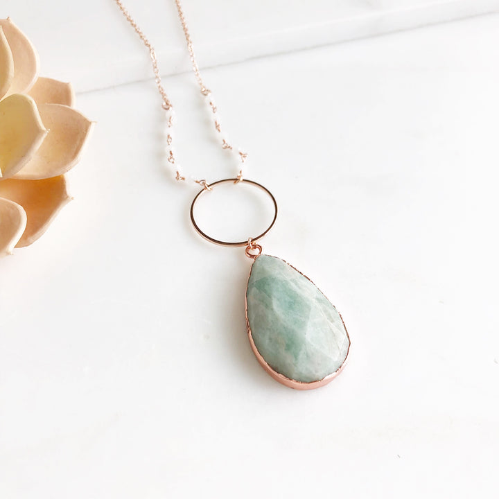 Long Rose Gold Amazonite Necklace with Foggy White Beading Accents