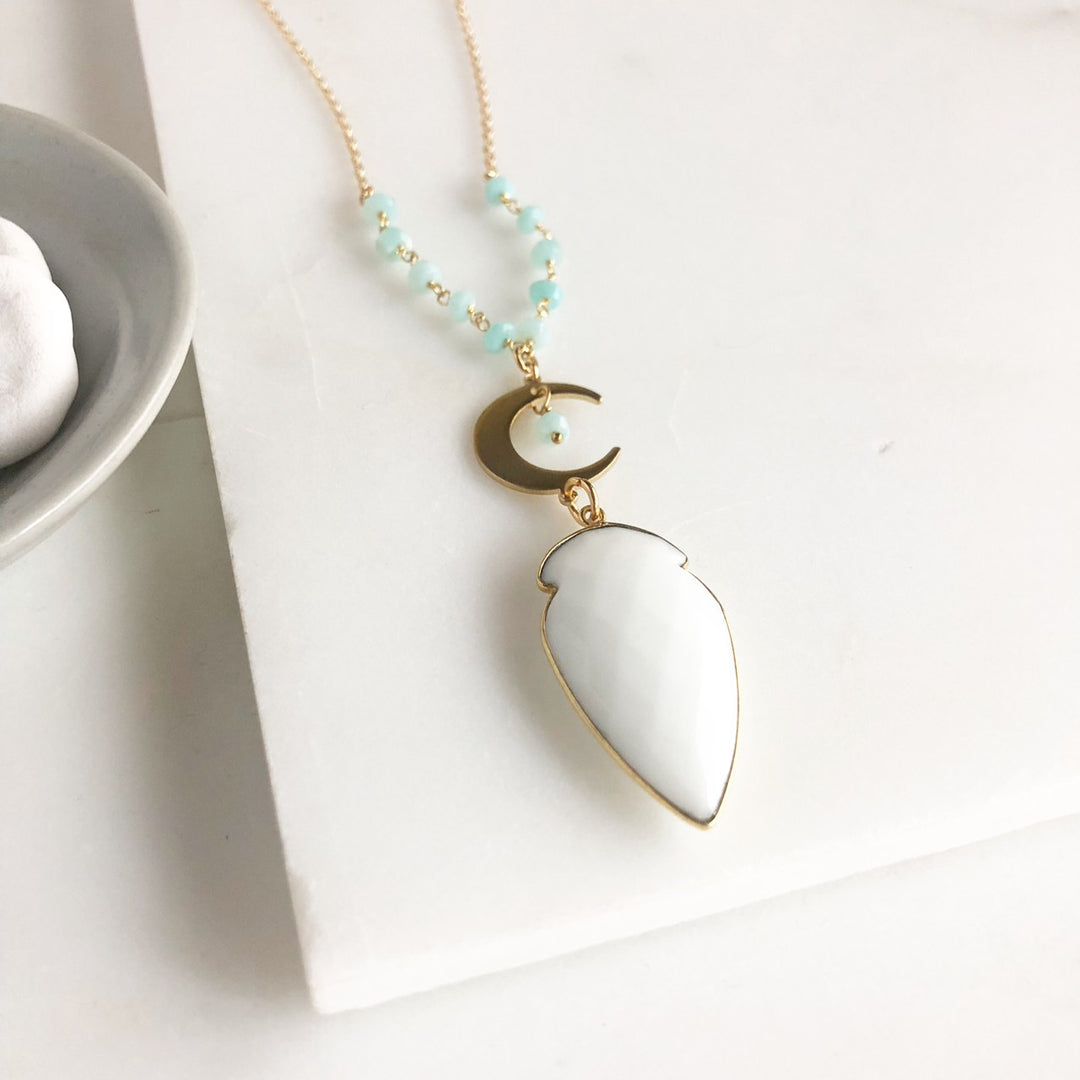 Long Gold Crescent Moon and White Agate Arrow Shield. Amazonite Beading Accents. Long Boho Jewelry.