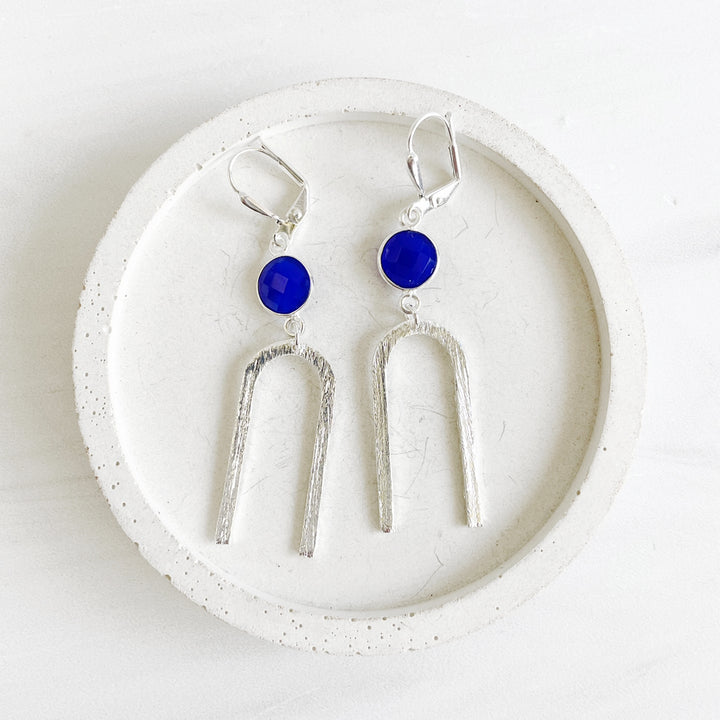Blue Stone and Horseshoe Dangle Earrings in Brushed Silver