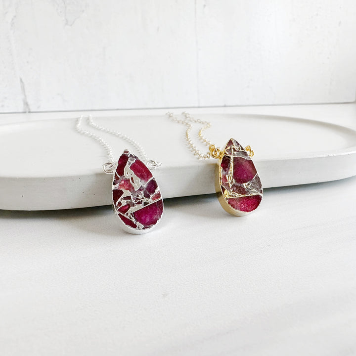 Fuchsia Mojave Teardrop Gemstone Slice Necklace in Gold and Silver