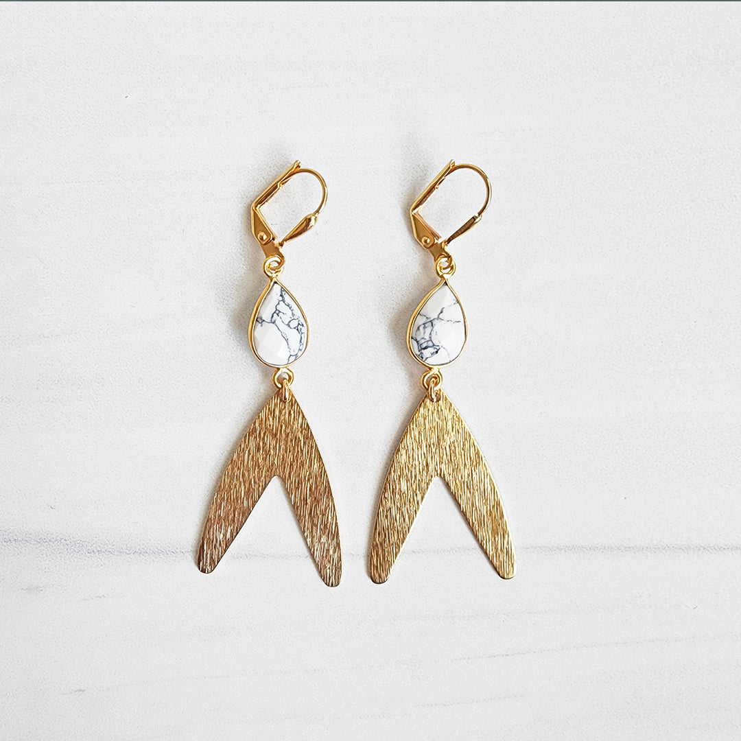 White Howlite Statement Earrings in Brushed Brass Gold