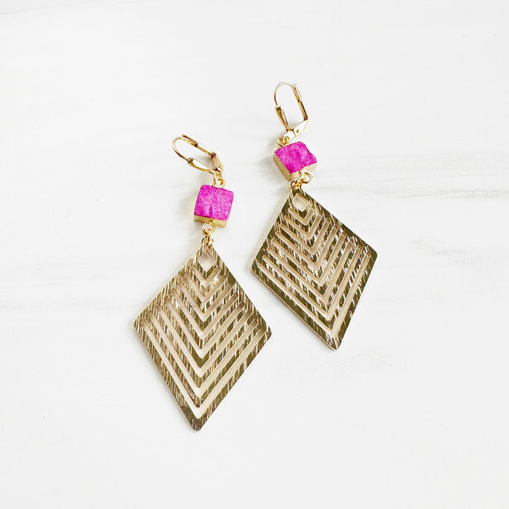 Hot Pink Druzy and Patterned Diamond Statement Earrings in Brushed Brass Gold