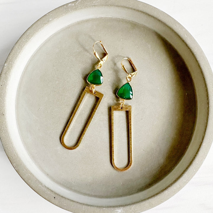 Green Chalcedony Trillion Earrings with Gold Brushed Brass Horseshoe Pendants