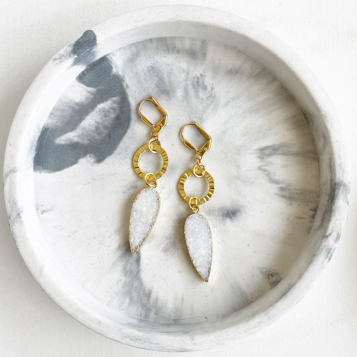 White Druzy Geometric Dangle Earrings in Gold