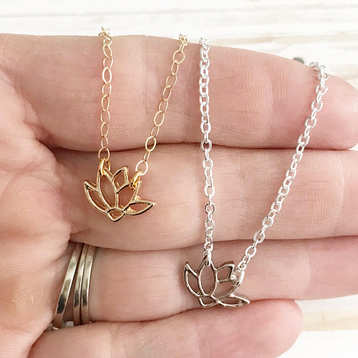Dainty Lotus Necklace in Silver or Gold. Yoga Lotus Charm Necklace