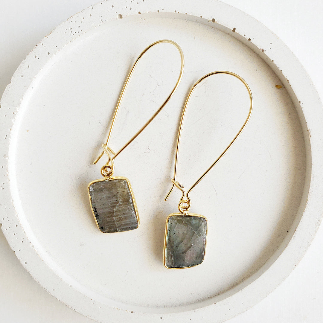 Freeform Labradorite Gemstone Slice Drop Earrings in Gold