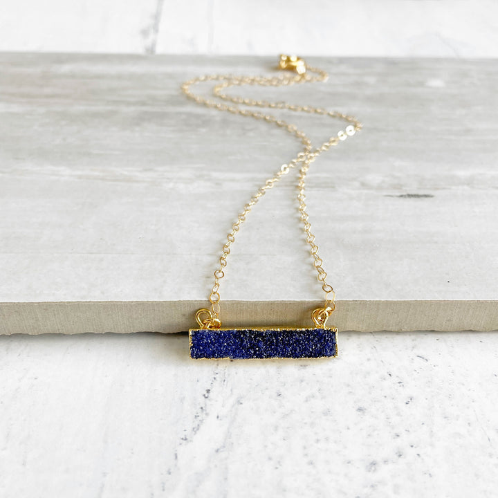 Deep Blue Druzy Bar Necklace in Gold