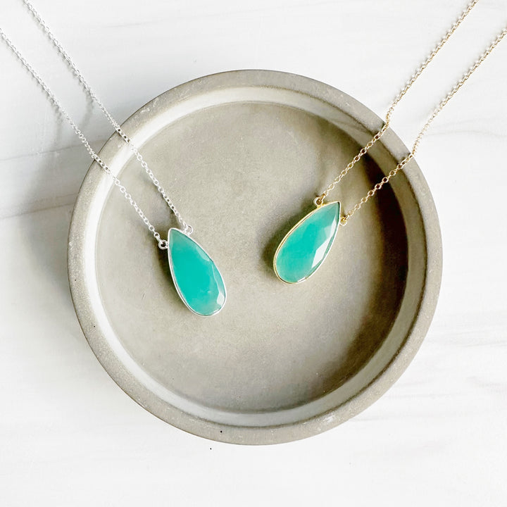 Aqua Chalcedony Bezel Teardrop Necklace in Silver or Gold