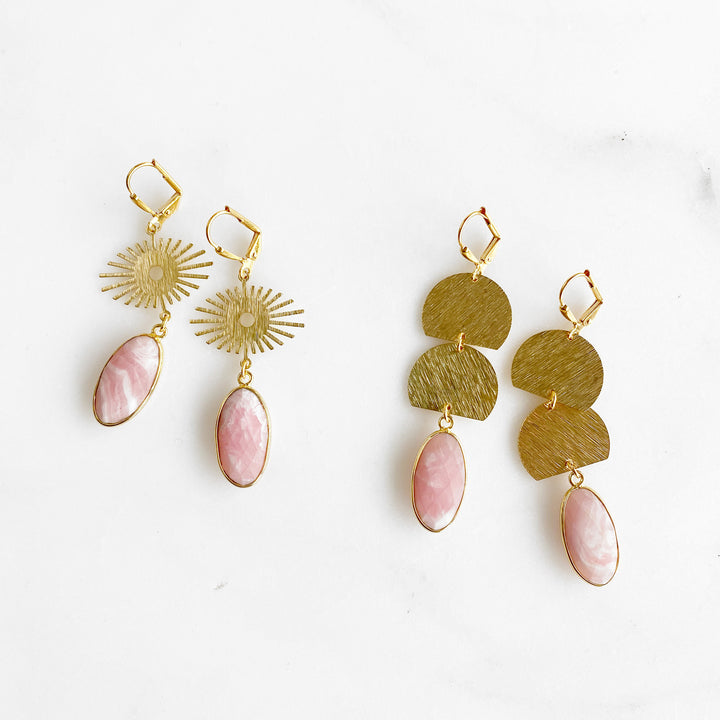 Brushed Brass and Pink Opal Dangle Earrings. Gold Pink Stone Earrings