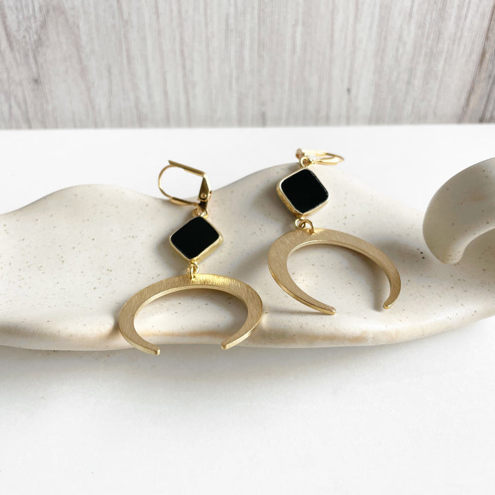 Black Onyx Crescent Earrings in Gold. Brushed Brass Earrings