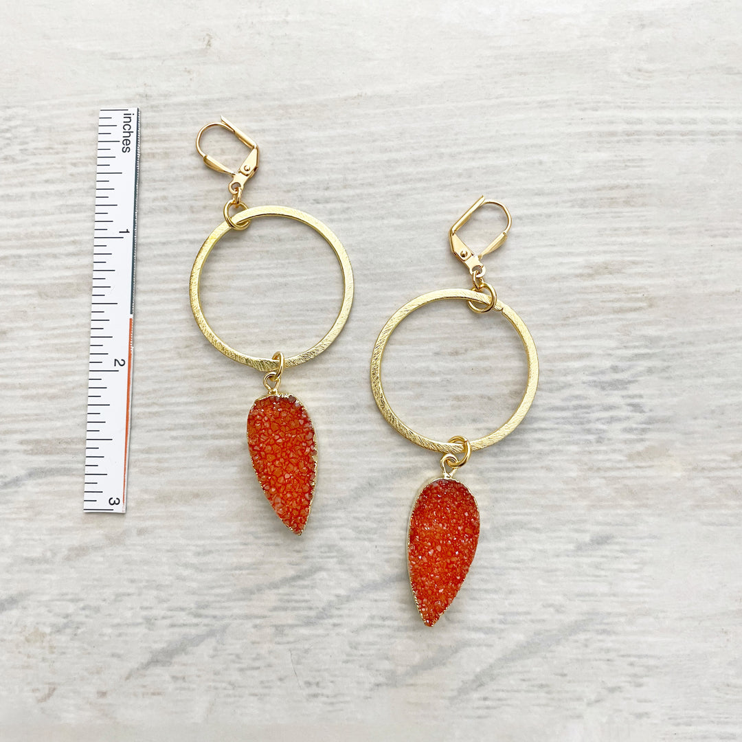 Orange Druzy Statement Hoop Earrings in Gold