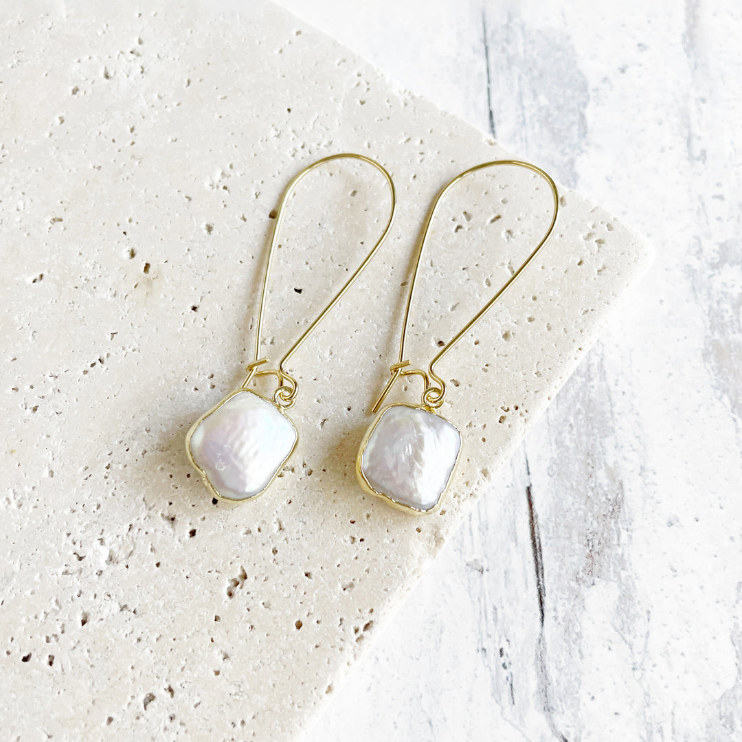 Mother of Pearl Square Drop Earrings in Gold