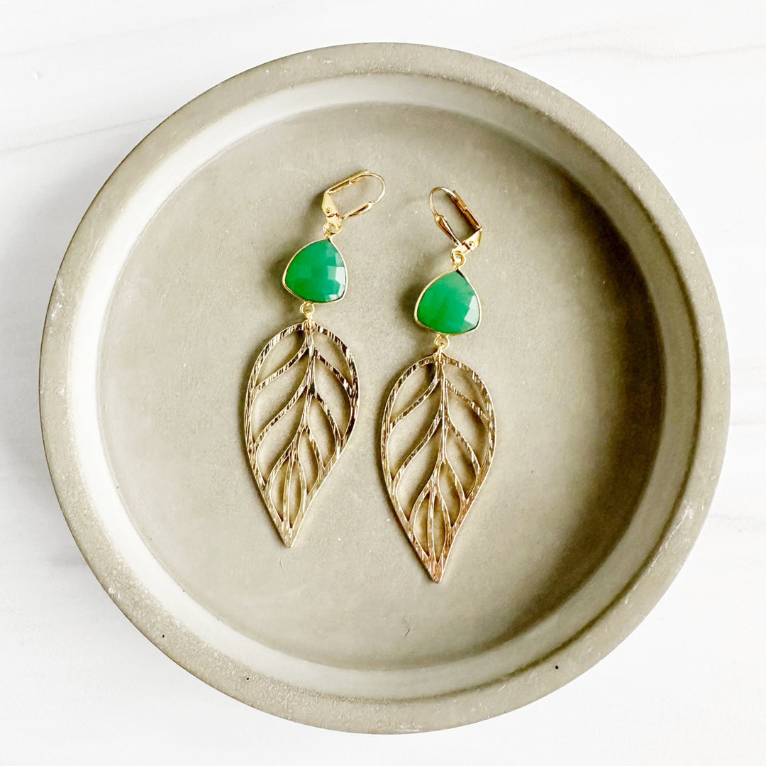 Chrysoprase and Leaf Statement Earrings in Brushed Brass Gold