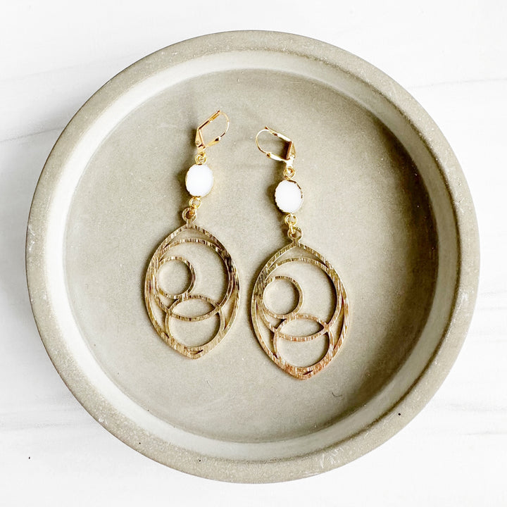 White Agate Marquise Circle Shaped Earrings in Brushed Brass Gold