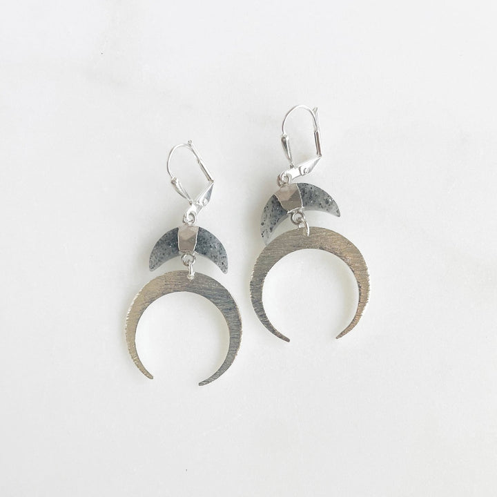 Black Sunstone Double Crescent Dangle Earrings in Brushed Silver