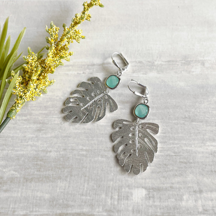 Monstera Leaf Dangle Earrings with Aqua Glass Stones in Silver