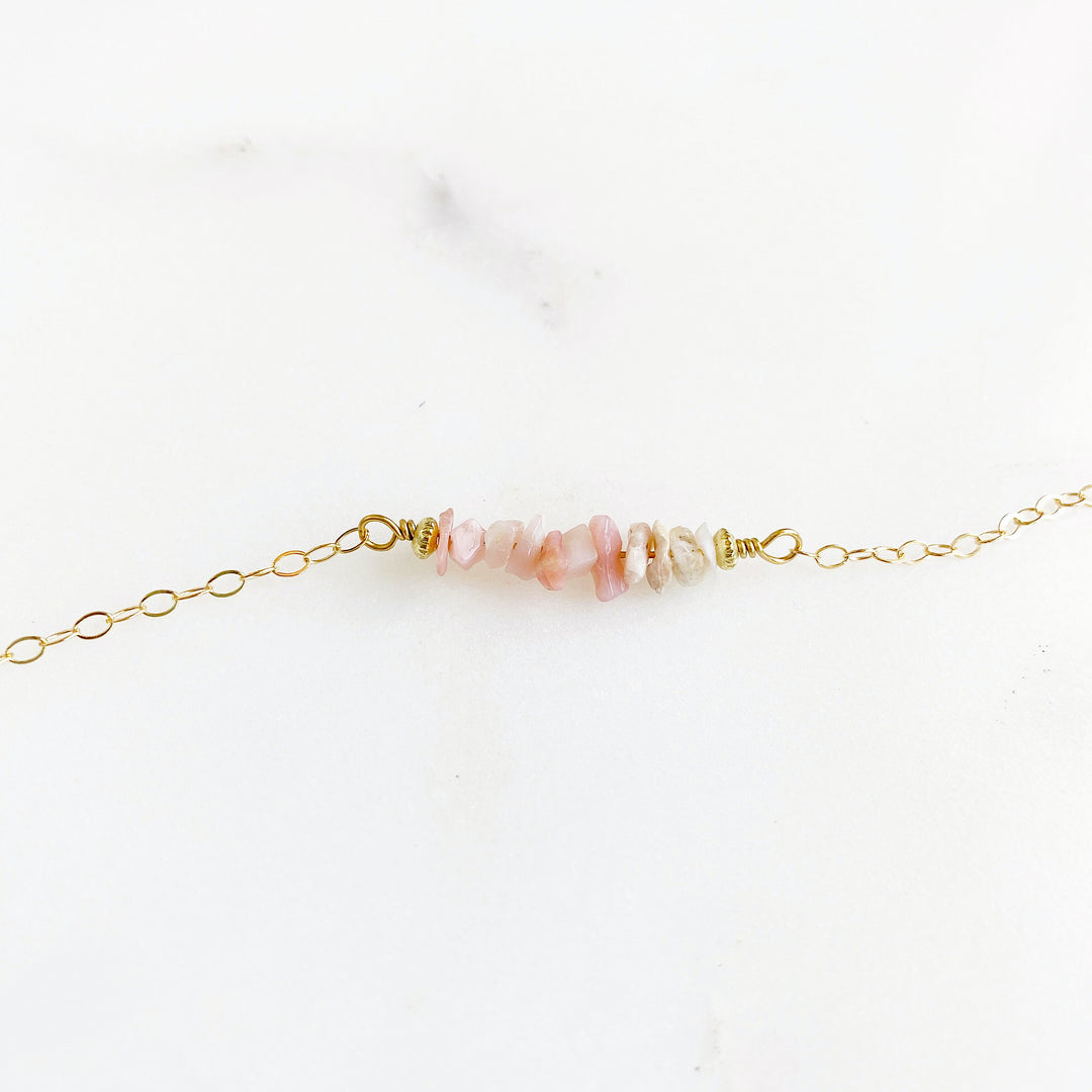 Pink Opal Chip Bracelet. Dainty Gold Chain Pink Stone Bracelet