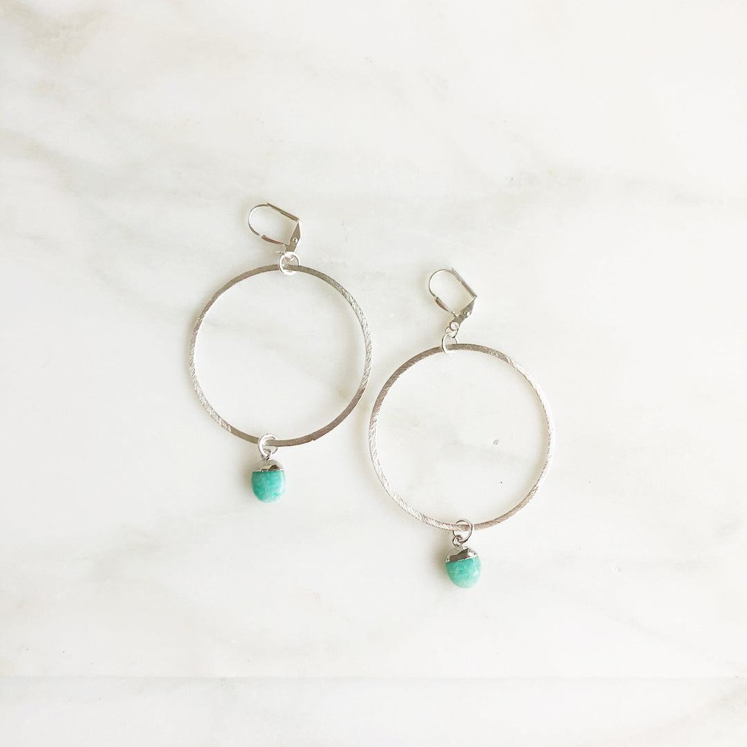 Silver Hoop Earrings with Amazonite Drops. Silver Statement Earrings. Dangle Earrings