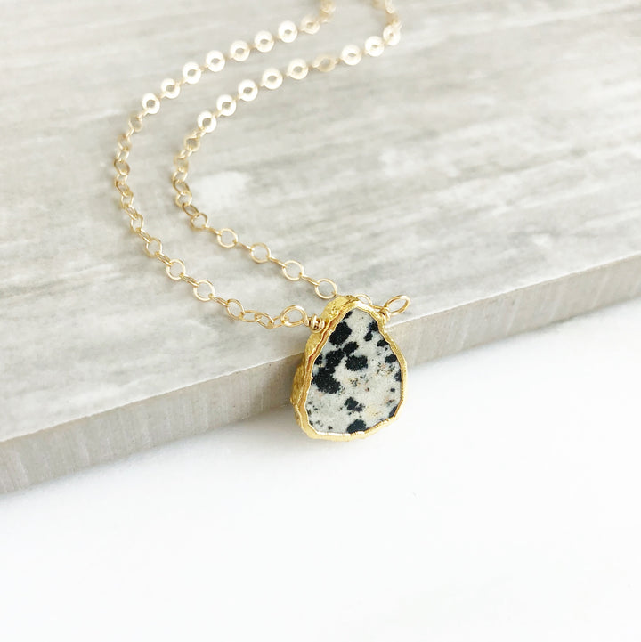 Dalmation Jasper Gemstone Slice Necklace in Gold