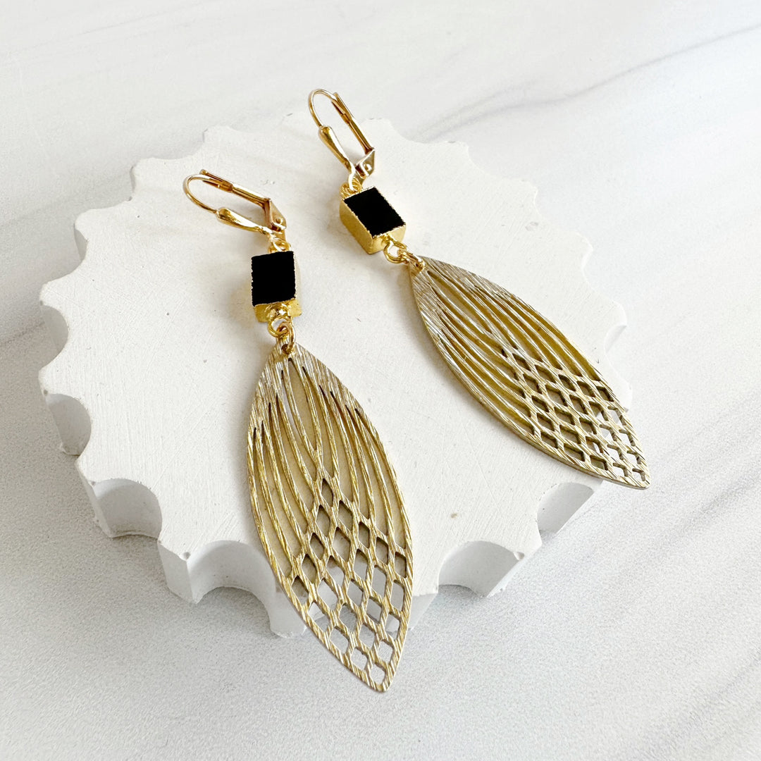 Black Onyx and Patterned Marquis Statement Earrings in Brushed Brass Gold