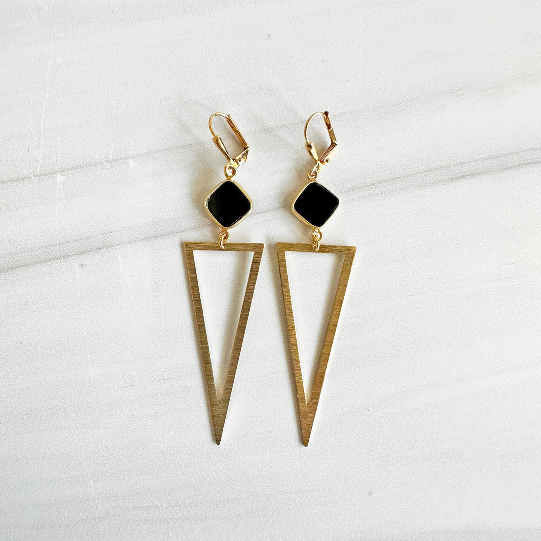 Gemstone Triangle Statement Earrings in Brushed Brass Gold