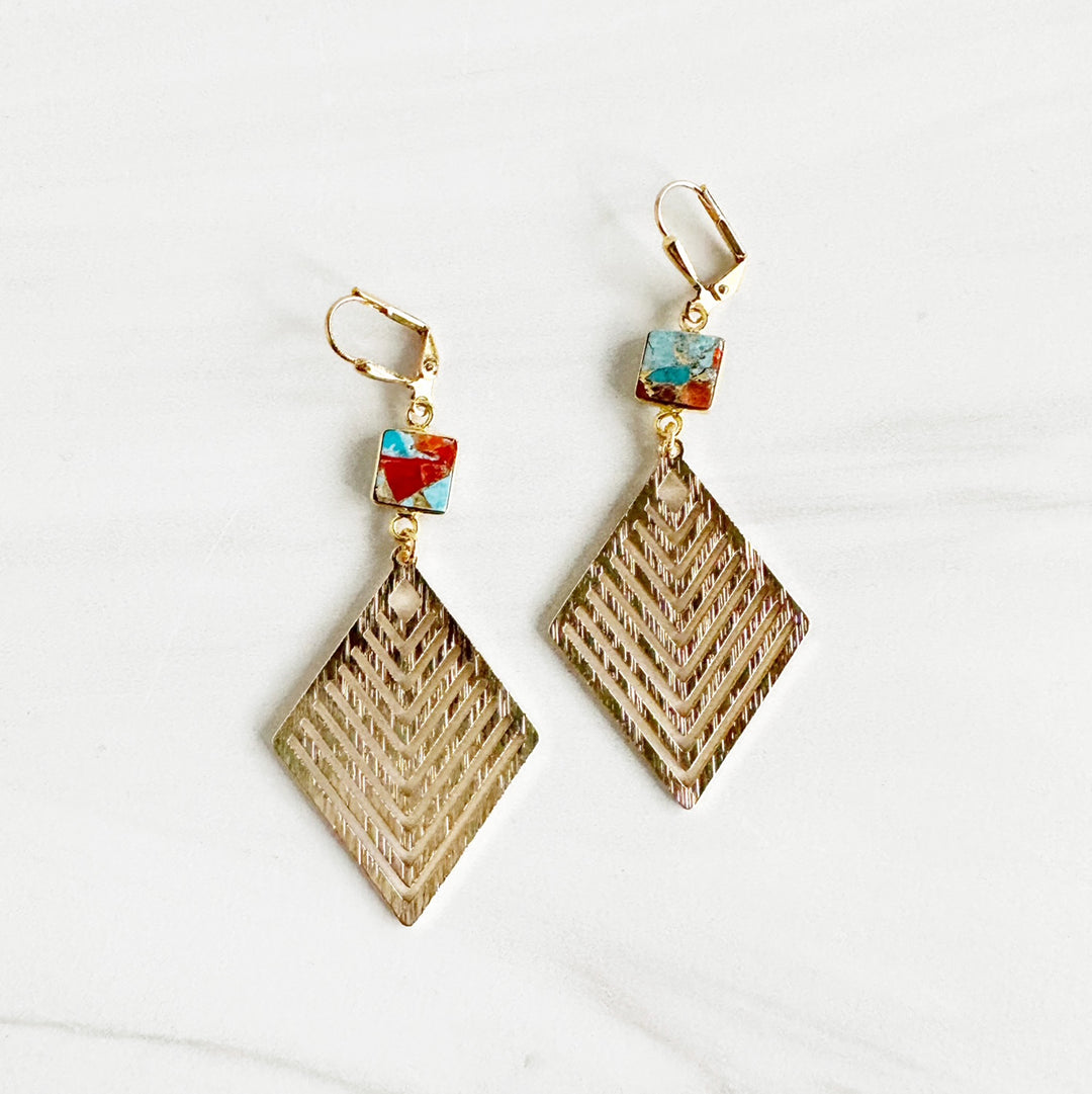 Turquoise Orange Mojave Stone Earrings in Gold with Patterned Diamond Pendants