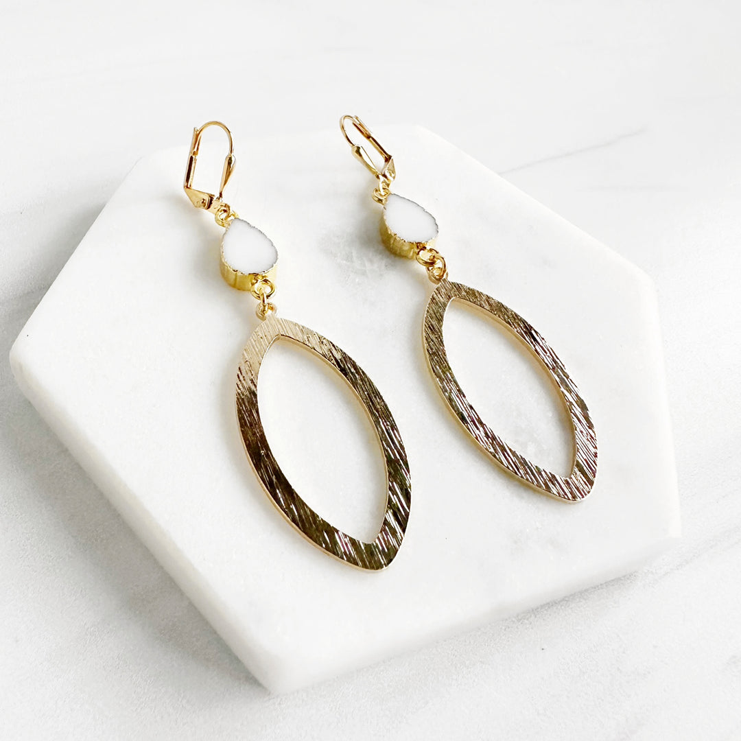 Open Marquise and White Agate Statement Earrings in Brushed Brass Gold