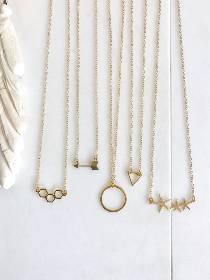 Gold Charm Simple Layering Necklace. Arrow Triangle Honeycomb Star Charm