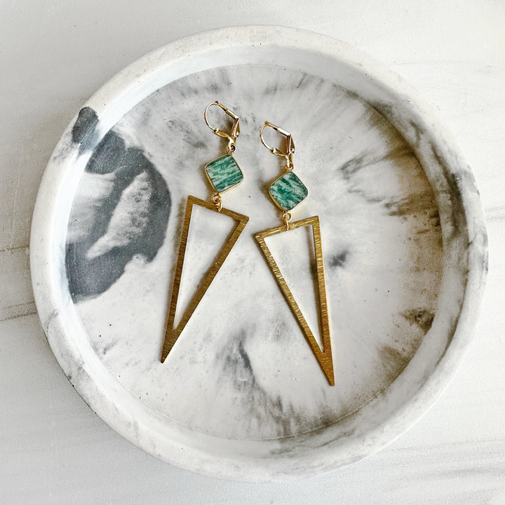 Gemstone Triangle Statement Earrings in Brushed Brass Gold