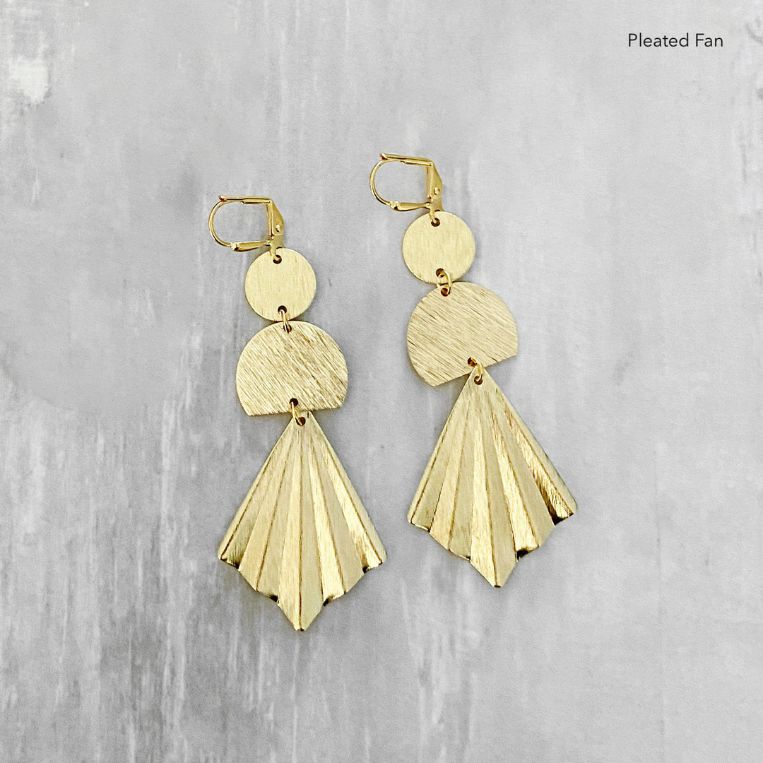 Geometric Brushed Gold Earrings. Unique Shape Dangle Earrings. Pleated Fan Cone Triangle