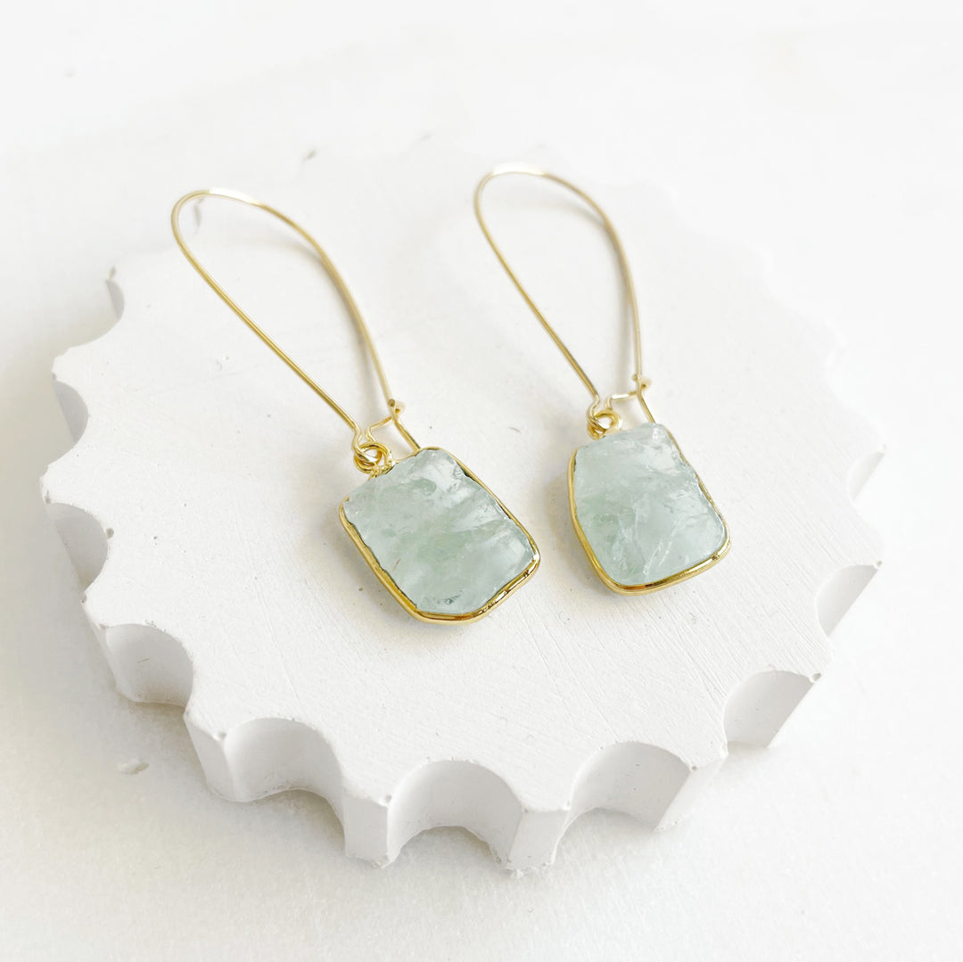 Freeform Aquamarine Gemstone Slice Drop Earrings in Gold
