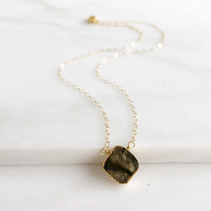Labradorite Gemstone Slice Necklace. Diamond Shaped Labradorite Dainty Gemstone Layering Necklace.