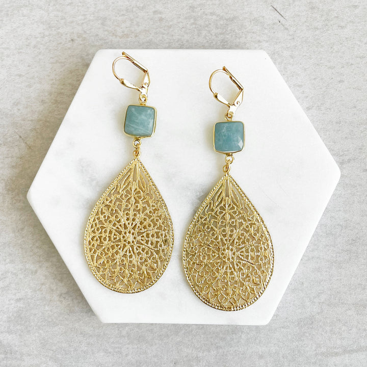 Aquamarine Fashion Dangle Earrings in Brushed Brass