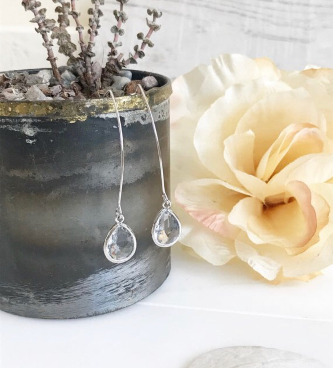 Silver and Clear Stone Drop Earrings. Silver Drop Earrings. Wedding Bridesmaid Jewelry